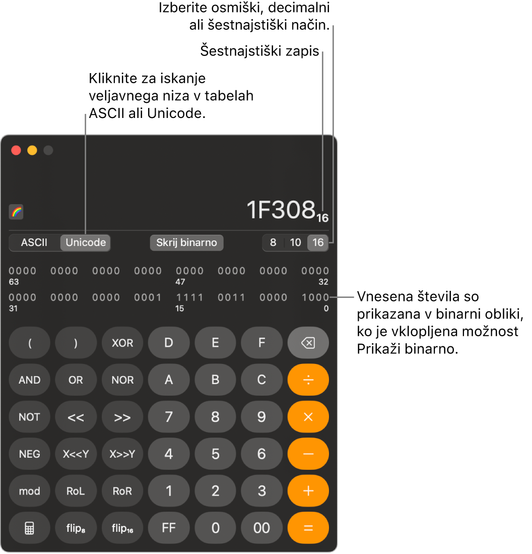 Kalkulator v programerskem načinu.