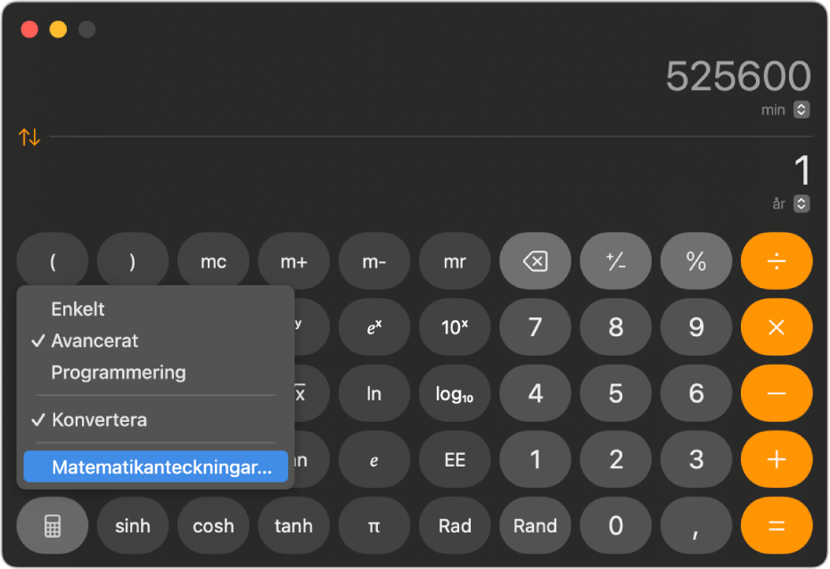 En kalkylator i avancerat läge med en öppen meny och Matematikanteckningar markerat.