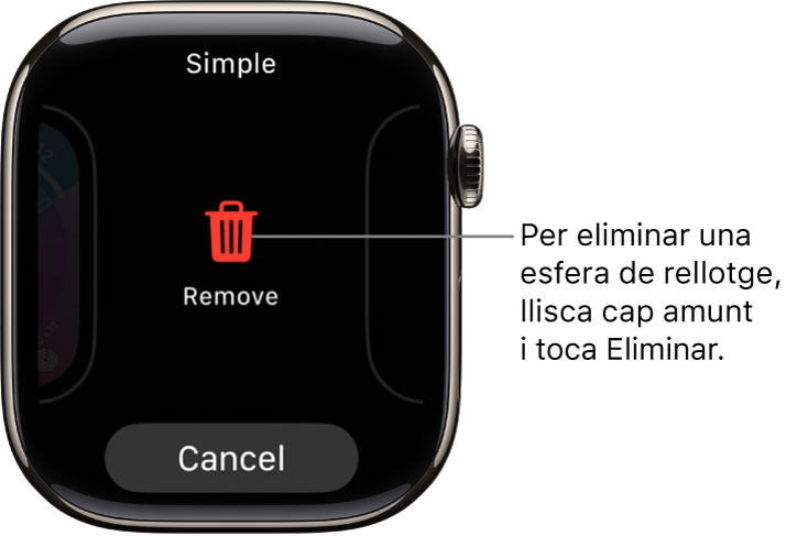 La pantalla de l’Apple Watch amb els botons d’eliminar i cancel·lar, que apareixen després de fer lliscar un dit per la pantalla fins a una esfera i fer-la lliscar cap amunt per eliminar-la.