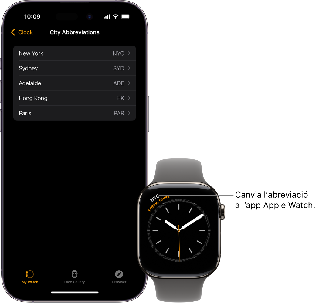 Un iPhone i un Apple Watch, un al costat de l’altre. La pantalla de l’Apple Watch mostra l’hora de Nova York amb l’abreviatura NYC. La pantalla de l’iPhone mostra una llista de ciutats a l’opció Rellotge de l’app Apple Watch.