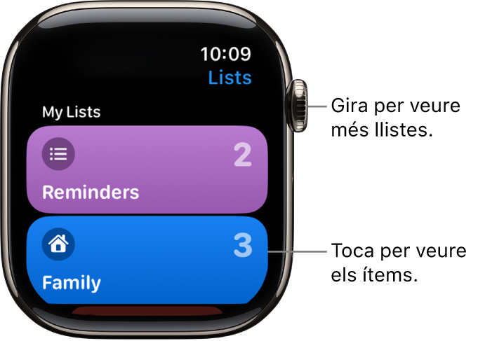 Pantalla Llistes de l’app Recordatoris amb dos botons de llista: Família i Casa. Els números de la dreta indiquen quants recordatoris hi ha a cada llista. Toca una llista per veure els ítems que conté o gira la Digital Crown per veure més llistes.