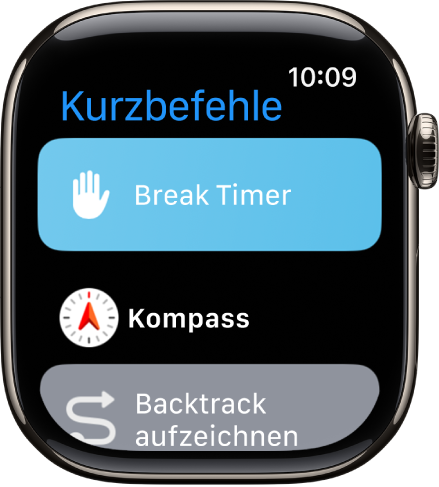 Die App „Kurzbefehle“ zeigt drei Kurzbefehle: „Pausentimer“, „Kompass“ und „Backtrack aufzeichnen“.