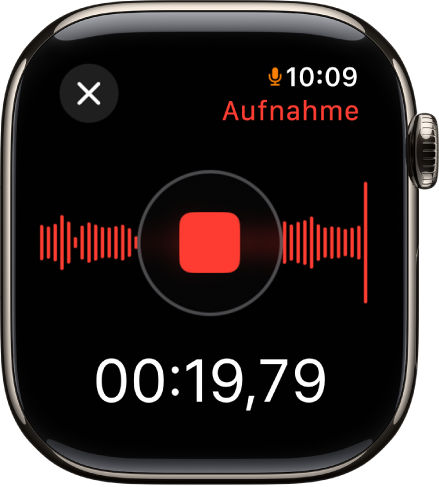 Die App „Sprachmemos“ während der Aufzeichnung eines Memos. In der Mitte befindet sich eine rote Stopptaste. Darunter ist die verstrichene Zeit der Aufnahme zu sehen. Das Wort „Aufnahme“ befindet sich oben rechts.