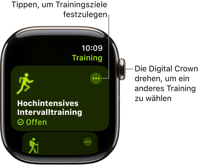 Der Bildschirm „Training“, auf dem das Training „Hochintensives Intervalltraining“ markiert ist. Die Taste „Mehr“ befindet sich oben rechts in der Trainingskachel.