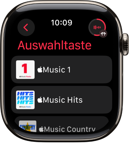 Die Anzeige „Radio“ mit drei Apple Music-Sendern. Oben rechts befindet sich die Taste „Jetzt läuft“. Die Taste „Zurück“ befindet sich oben links.