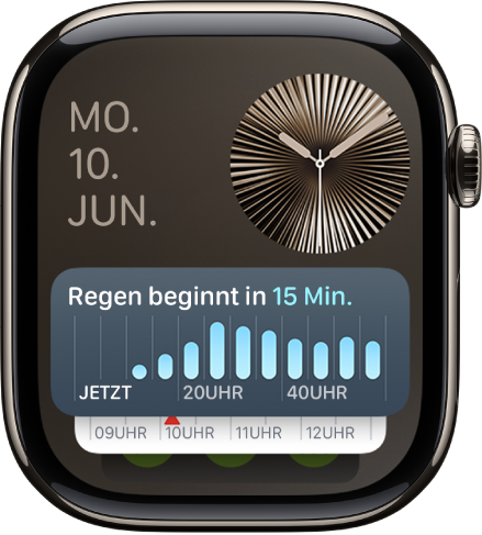 Der Smart-Stapel der Apple Watch zeigt das Widget „Timer“ an vorderster Stelle sowie zwei andere Widgets dahinter.