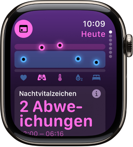 Ein Bildschirm in der App „Vitalzeichen“ zeigt zwei verschiedene Abweichungen in den Nachtvitalzeichen.