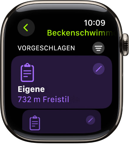 Ein Bildschirm der App „Workout“ zeigt die Einstellungen für ein eigenes Beckenschwimmentraining.