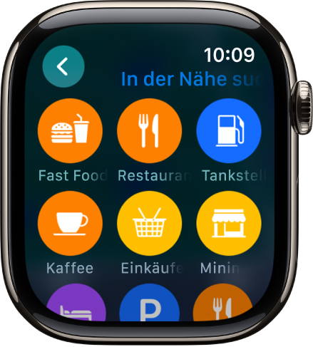 Eine Anzeige der App „Karten“ zeigt Kategorien von Orten.