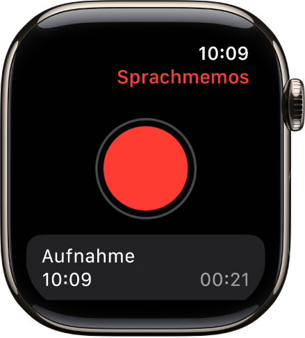 Apple Watch mit der Anzeige „Sprachmemos“. Oben befindet sich eine rote Aufnahmetaste. Darunter ist ein aufgezeichnetes Sprachmemo zu sehen. Die Uhrzeit der Aufnahme und die Länge werden angezeigt.