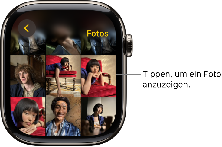 Der Hauptbildschirm der App „Fotos“ auf der Apple Watch mit mehreren Fotos in einem Raster.