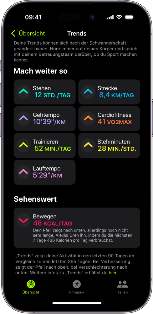 Der Tab „Trends“ in der App „Aktivität“ auf dem iPhone. Unter der Überschrift „Trends“ oben auf dem Display wird eine Reihe von Messwerten angezeigt. Zu den Messwerten gehören unter anderem „Trainieren“, „Stehen“ und „Strecke“. Unter der Überschrift „Sehenswert“ wird „Bewegen“ angezeigt.