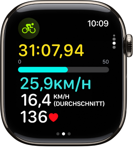 Ein aktives Radfahrtraining mit der verstrichenen Zeit, dem Tempo, dem Durchschnittstempo und der Herzfrequenz.