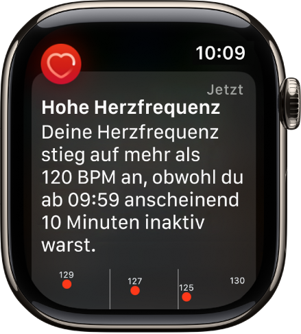 Ein Warnbildschirm der App „Herzfrequenz“ mit dem Hinweis, dass eine zu hohe Herzfrequenz festgestellt wurde.