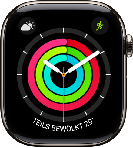 Das Zifferblatt „Aktivität Analog“ zeigt neben der Zeit auch deinen Fortschritt bei den Zielen „Bewegen“, „Trainieren“ und „Stehen“. Es gibt außerdem drei Komplikationen: „Wetter“ oben links, „Training“ oben rechts und „Wetterbedingungen“ unten.