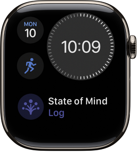 The Modular Compact watch face showing a digital clock near the top right, the day and date at the top left, and two complications: Workout at the middle left, and State of Mind at the bottom.