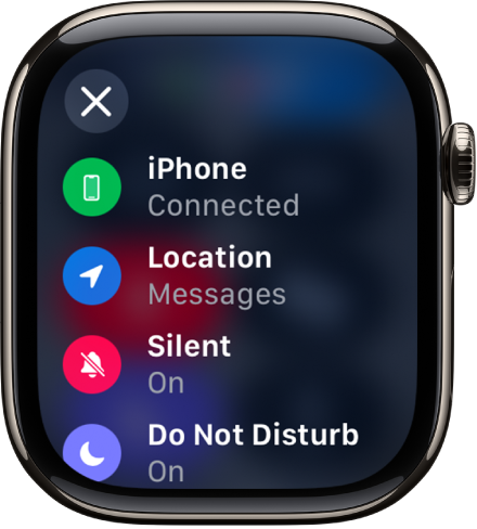 The status details showing iPhone connected, Location being used by Messages, Silent Mode turned on, and Do Not Disturb turned on.