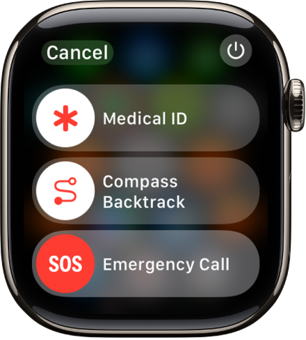 The emergency services screen. Near the top is the Medical ID slider, in the middle is the Compass Backtrack slider, and at the bottom is the Emergency Call slider.