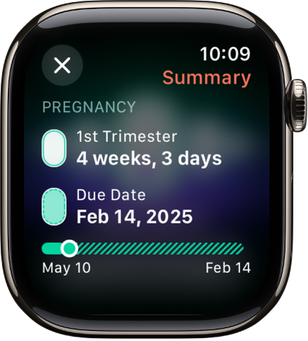 A screen in the Cycle Tracking app showing a pregnancy summary, with a gestational age and due date at the center of the screen.