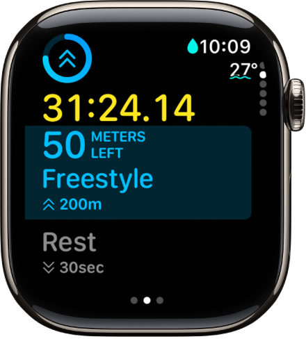 A pool swim workout in progress showing the workout’s elapsed time, the distance in a timed interval, and the next timed interval.