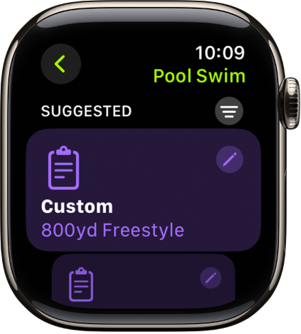 Una pantalla de la app Entrenamiento mostrando la configuración de un entrenamiento de natación en piscina.