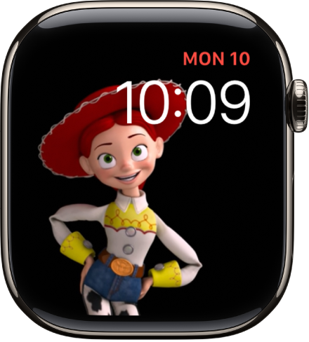 La carátula Toy Story mostrando el día, la fecha y la hora en la parte superior derecha y el personaje Jessie animado en el área izquierda de la pantalla.