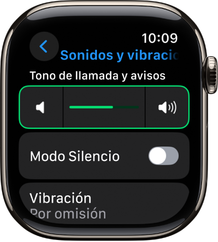 Ajustes de “Sonidos y vibraciones” del Apple Watch, con el regulador “Volumen de aviso” en la parte superior y la opción del modo Silencio debajo.