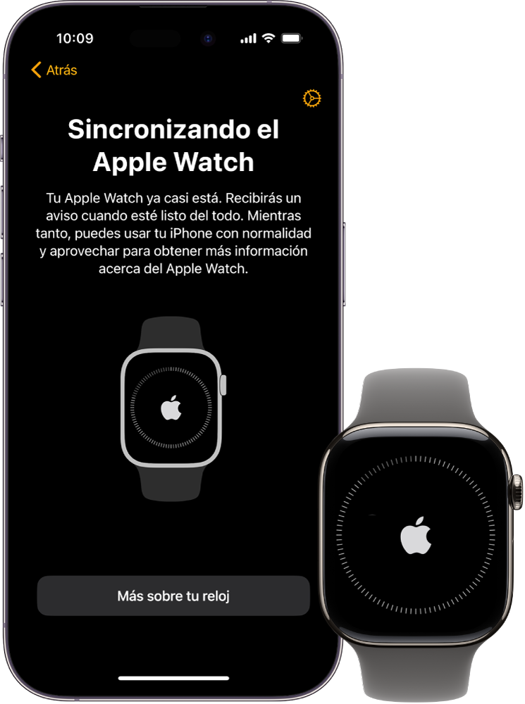 Un iPhone y un Apple Watch con sus respectivas pantallas de sincronización.