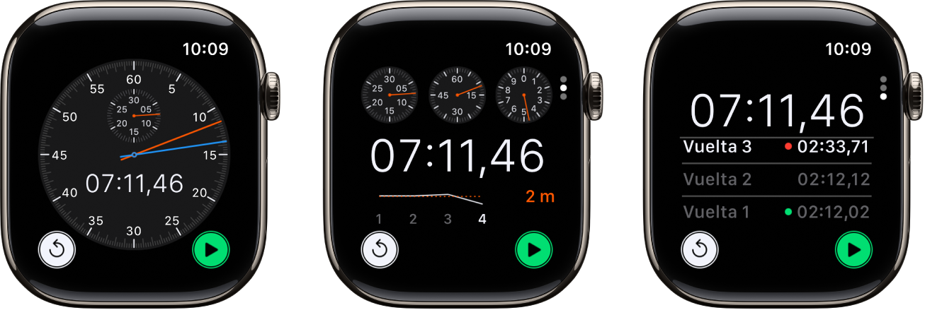 Tres tipos de cronómetros en la app Cronómetro: un cronómetro analógico, un cronómetro híbrido que muestra la hora en formato tanto analógico como digital y un cronómetro digital con un contador de vueltas. En cada reloj aparecen los botones Iniciar y Reiniciar.