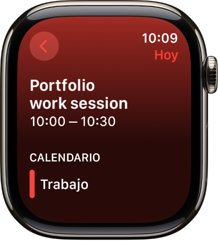 Pantalla de Calendario con un nuevo evento. El nombre del evento se muestra arriba con la hora del evento debajo. La fecha del evento se muestra arriba a la derecha. Debajo del encabezamiento Calendario se muestra el nombre del calendario al que pertenece el evento.