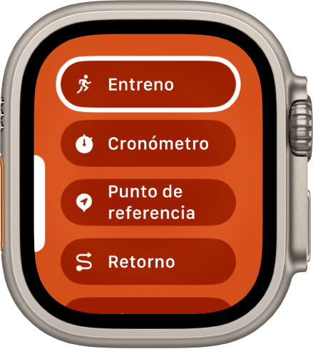 La pantalla “Cambio de función” muestra acciones que se pueden asignar al botón de acción, como Entreno, Cronómetro y “Punto de referencia”.