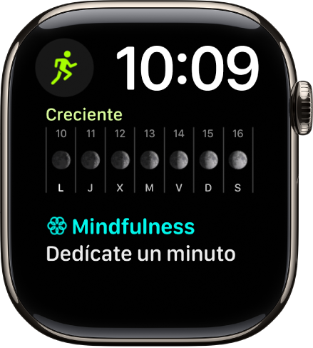 La esfera “Modular dúo”, con un reloj digital cerca de la esquina superior derecha y tres complicaciones: Entreno arriba a la izquierda, “Fase lunar” en el centro y Mindfulness abajo.