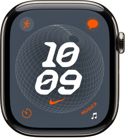 La esfera “Nike Globe”, con un reloj digital en el centro y cuatro complicaciones: Entreno arriba a la izquierda, Mensajes arriba a la derecha, Temporizador abajo a la izquierda y Música abajo a la derecha.