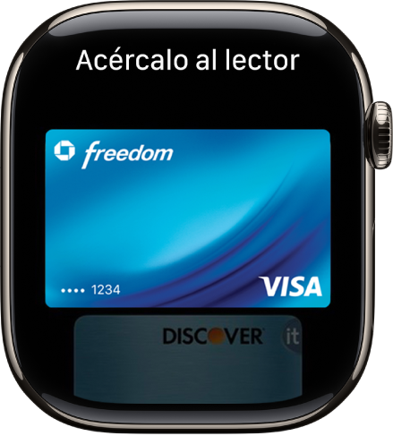 Una pantalla que muestra una tarjeta de crédito en Apple Pay lista para presentarse a un lector sin contacto.