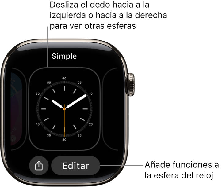 Una esfera con los botones Compartir y Editar, que aparecen tras mantenerla pulsada. El nombre de la esfera aparece en la parte superior. Desliza el dedo hacia la izquierda o hacia la derecha para ver otras esferas. Toca una complicación para añadir las funciones que quieras.