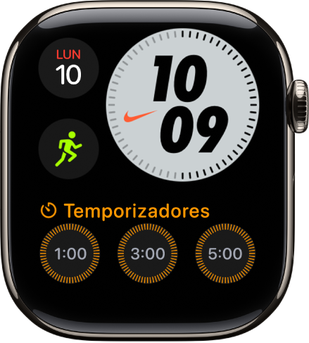 La esfera “Nike Compact” con el día y la fecha arriba a la izquierda, la hora arriba a la derecha, la complicación Entreno en el centro a la izquierda, y la complicación Temporizadores.