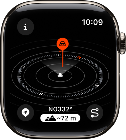 La app Brújula con la vista de altitud en 3D. La ubicación actual está marcada con un punto blanco en mitad del dial de la brújula en diagonal. Una chincheta roja en una columna más larga marca un punto de referencia distante.