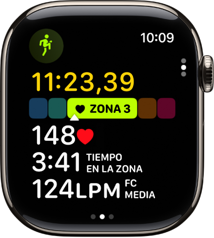 Un entreno de carrera en curso muestra el tiempo transcurrido, la zona en la que estás actualmente, la frecuencia cardiaca, el tiempo que llevas en la zona y la frecuencia cardiaca media.