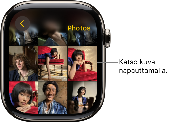 Apple Watchin Kuvat-apin päänäyttö, jossa on useita kuvia, jotka näkyvät ruudukkona.