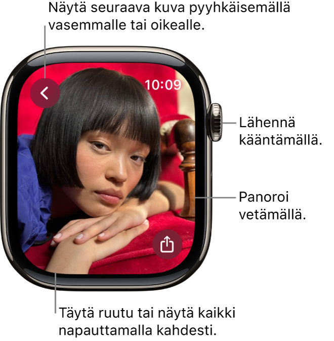 Kun kuva on näkyvillä, zoomaa kääntämällä Digital Crownia, panoroi vetämällä tai vaihda koko kuvan näyttämisen tai näytön täyttämisen välillä kaksoisnapauttamalla. Näytä seuraava kuva pyyhkäisemällä vasemmalle tai oikealle. Jakopainike on alhaalla oikealla.