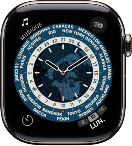 Le cadran « Horloge mondiale » affichant une horloge analogique. Au milieu de l’écran se trouve un plan de la Terre, représentant le jour et la nuit. Des nombres et des noms de villes sont situés autour du cadran. Ils indiquent l’heure dans chaque lieu. Chaque coin comprend une complication : Musique en haut à gauche, Traduire en haut à droite, Minuteur en bas à gauche et la date en bas à droite.