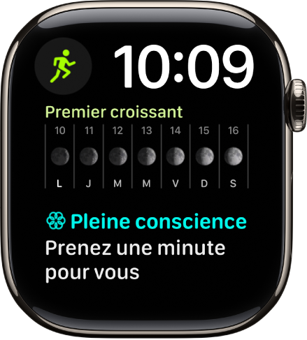 Le cadran Modulaire duo avec une horloge numérique vers le coin supérieur droit et trois complications : Exercice en haut à gauche, Phase de lune au milieu et Pleine conscience en bas.