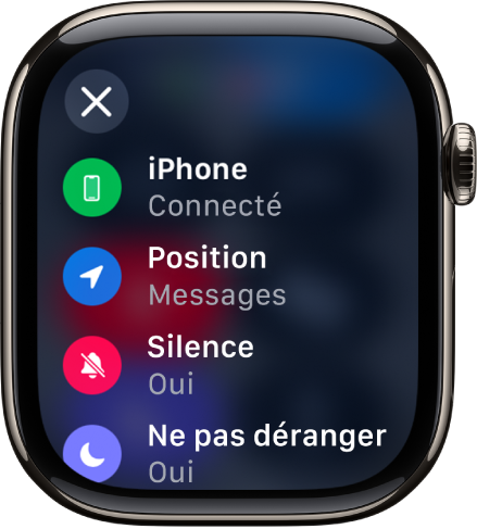 Les détails de l’état affichant l’iPhone connecté, la localisation en cours d’utilisation par Messages, le mode Silence activé et Ne pas déranger activé.