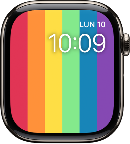 Cadran Pride numérique doté des bandes verticales aux couleurs de l’arc-en-ciel avec l’heure et la date en haut à droite.