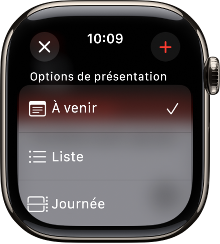 L’écran Calendrier présentant les options de présentation À venir, Liste et Jour. Le bouton Ajouter se trouve en haut à droite.