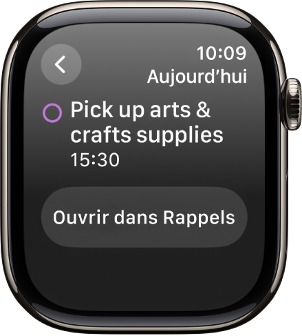 L’écran Calendrier affichant un rappel. Le nom du rappel se trouve en haut avec l’heure indiquée dessous. La date de l’évènement figure en haut à droite. Un bouton permettant d’ouvrir le rappel dans l’app Rappels se trouve en bas de l’écran.