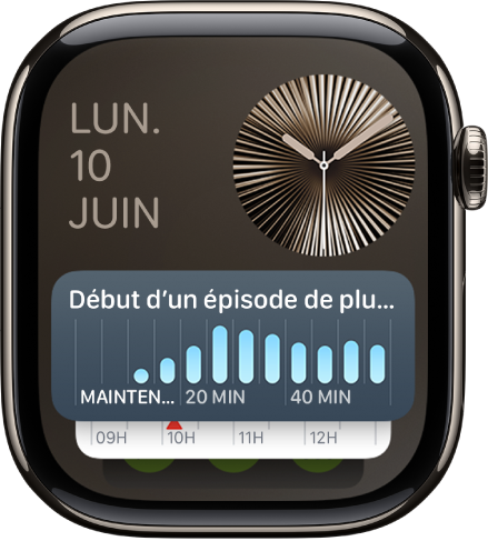 Défilement intelligent sur l’Apple Watch montrant des activités en direct et des widgets.