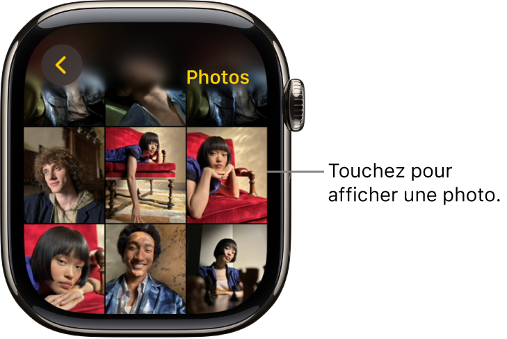 Écran principal de l’app Photos sur l’Apple Watch, avec plusieurs photos dans la grille.