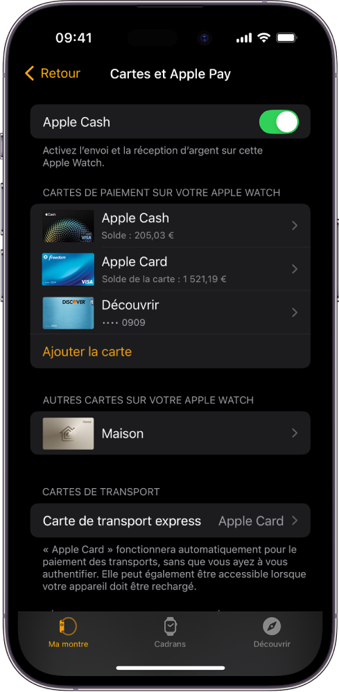 Écran d’iPhone affichant les réglages Cartes et Apple Pay dans l’app Apple Watch.