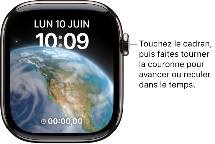 Cadran Astronomie, qui montre le jour, la date et l’heure. Une complication de minuteur se trouve en bas. Touchez le cadran, puis faites tourner la Digital Crown pour avancer ou reculer dans le temps.